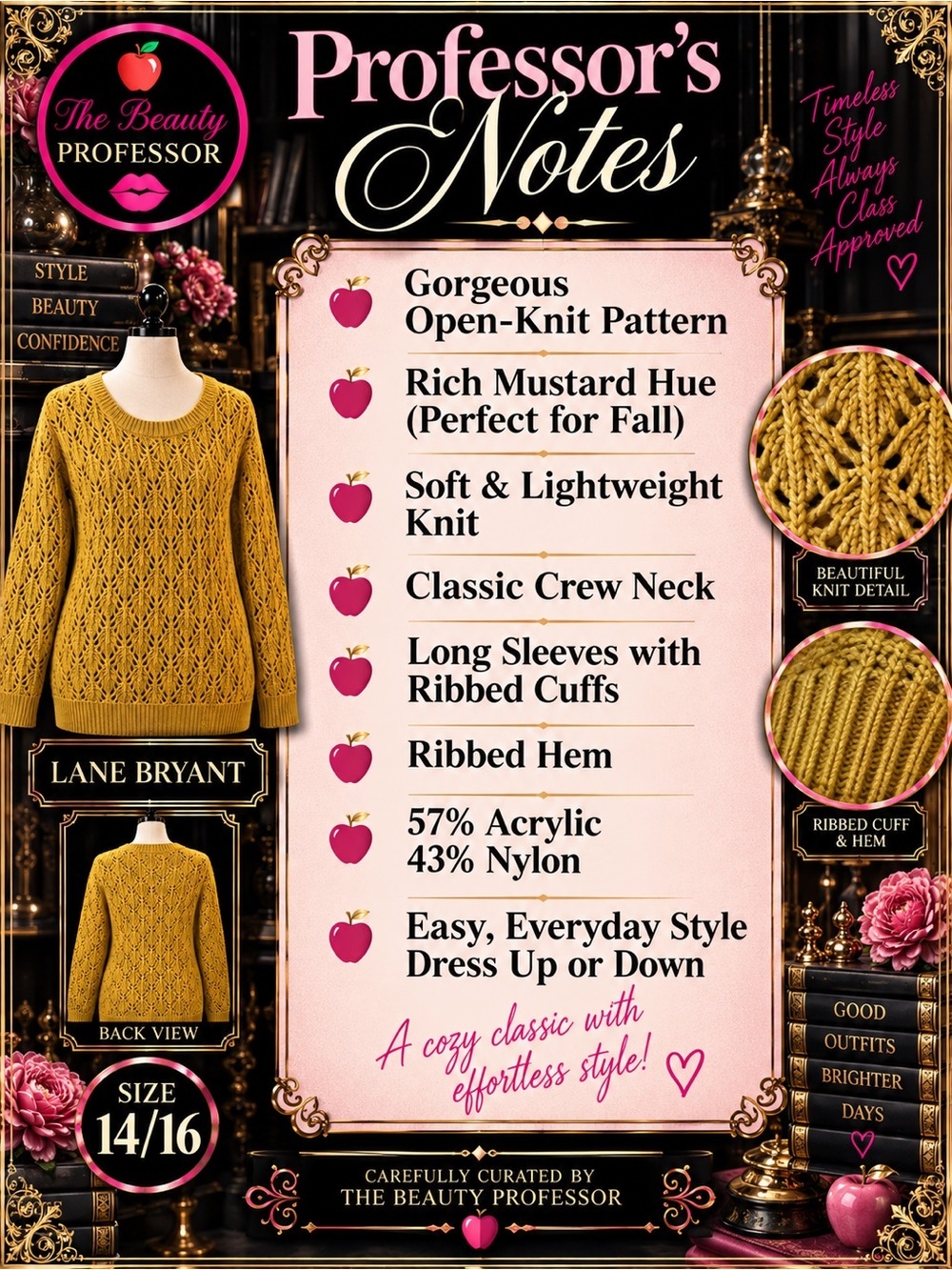 Lane Bryant 14/16 Mustard Open Knit Pointelle Long Sleeve Sweater - Picture 3 of 10